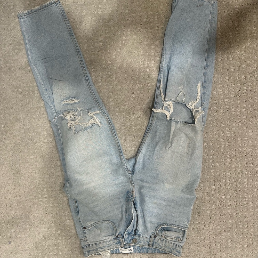 Zara Light Blue Ripped Boyfriend Jeans